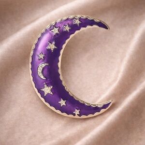 Whimsical Purple Crescent Moon Gold Brooch